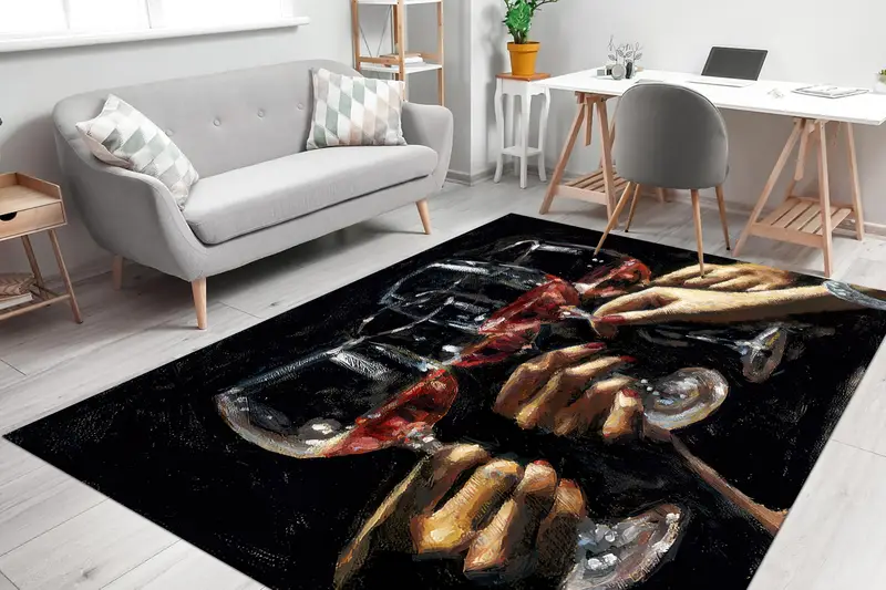 エレガントなプリントラグ: ワインとワイングラスのデザイン