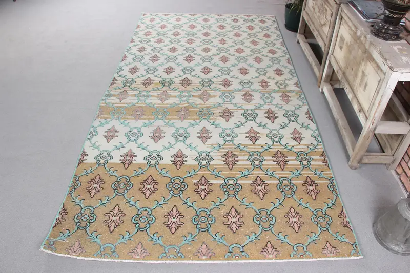 Handmade Moroccan Rug, Beige & Green 0.4x9 ft