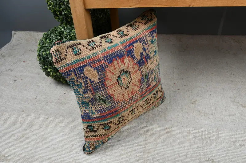 Cubierta de almohada, almohada boho, almohada de regalo, cojín étnico, cubierta simulada de almohada de almohada de boho, cubierta de almohada azul de 14x14, funda de almohada de kilim vintage - 7