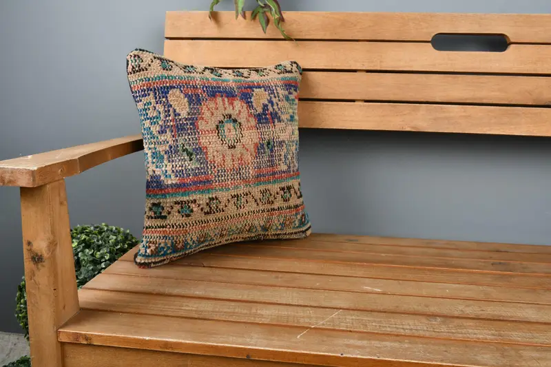Cubierta de almohada, almohada boho, almohada de regalo, cojín étnico, cubierta simulada de almohada de almohada de boho, cubierta de almohada azul de 14x14, funda de almohada de kilim vintage - 1