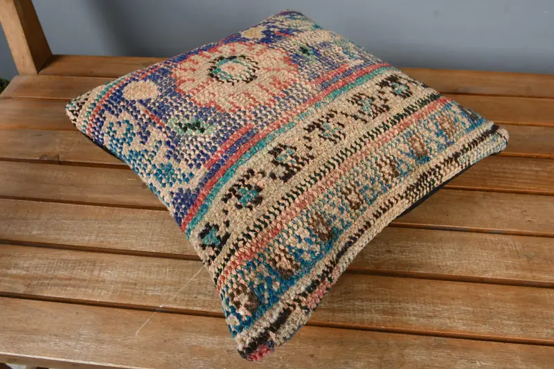 Cubierta de almohada, almohada boho, almohada de regalo, cojín étnico, cubierta simulada de almohada de almohada de boho, cubierta de almohada azul de 14x14, funda de almohada de kilim vintage - 2