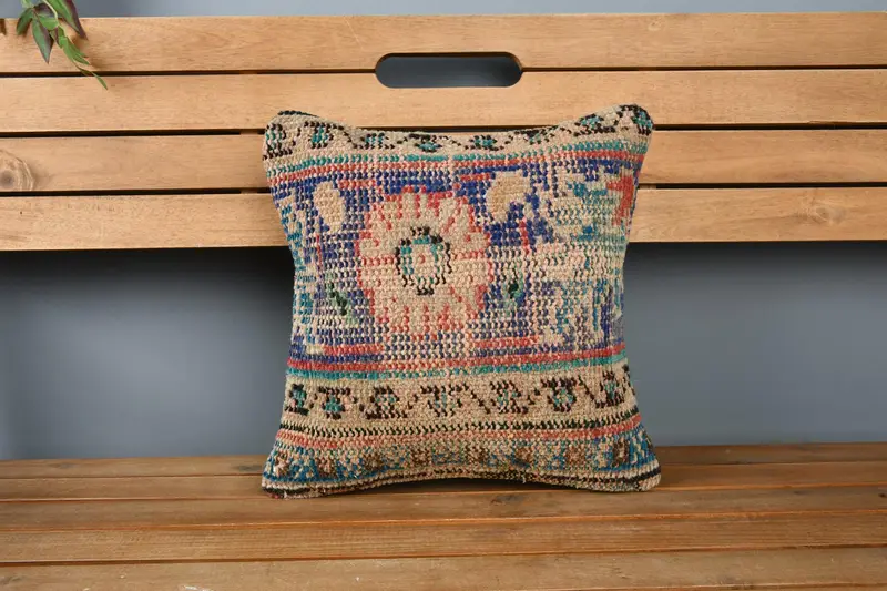 Cubierta de almohada, almohada boho, almohada de regalo, cojín étnico, cubierta simulada de almohada de almohada de boho, cubierta de almohada azul de 14x14, funda de almohada de kilim vintage - 6