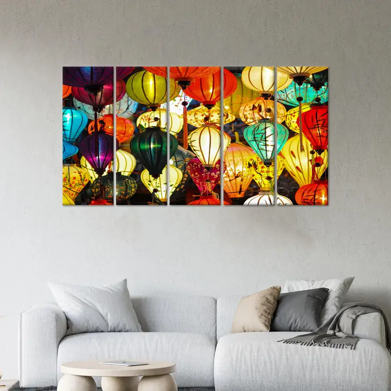 Lanterns Art Decor, Rainbow Canvas Decor, Colorful Wall Art, Asia Wall Decor, Lantern Festival Art, Wall Hanging Art, Home Decor Art, - 4