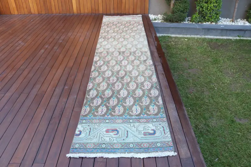 Vintage Turkish Rug, 2.7x12.8 ft Oushak Rug, Blue Brown Ombré Rug - 1