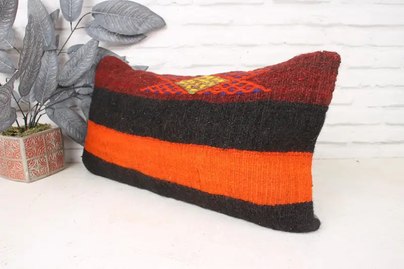 Pillow, Boho Pillow, Neutral Pillow Sham, Square Throw Cushion Cover, Handmade Kilim Cushion, Turkish Kilim Pillow, 12x24 Orange Cushion Case - 4