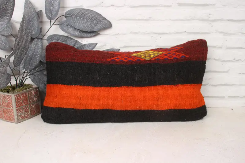 Pillow, Boho Pillow, Neutral Pillow Sham, Square Throw Cushion Cover, Handmade Kilim Cushion, Turkish Kilim Pillow, 12x24 Orange Cushion Case - 1