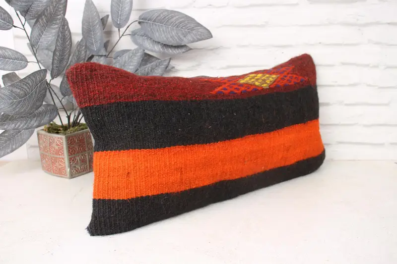 Pillow, Boho Pillow, Neutral Pillow Sham, Square Throw Cushion Cover, Handmade Kilim Cushion, Turkish Kilim Pillow, 12x24 Orange Cushion Case - 3
