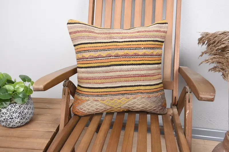 Pillow Cover, Turkish Corner Pillow, Turkish Corner Cushion, 18x18 Yellow Pillow, Kilim Pillow, Ethnical Kilim Rug Pillow, Vintage Pillow - 1