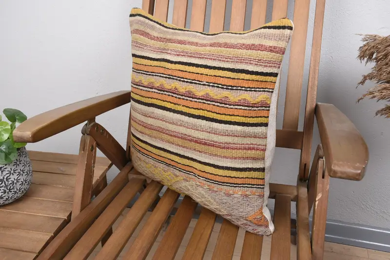 Pillow Cover, Turkish Corner Pillow, Turkish Corner Cushion, 18x18 Yellow Pillow, Kilim Pillow, Ethnical Kilim Rug Pillow, Vintage Pillow - 3