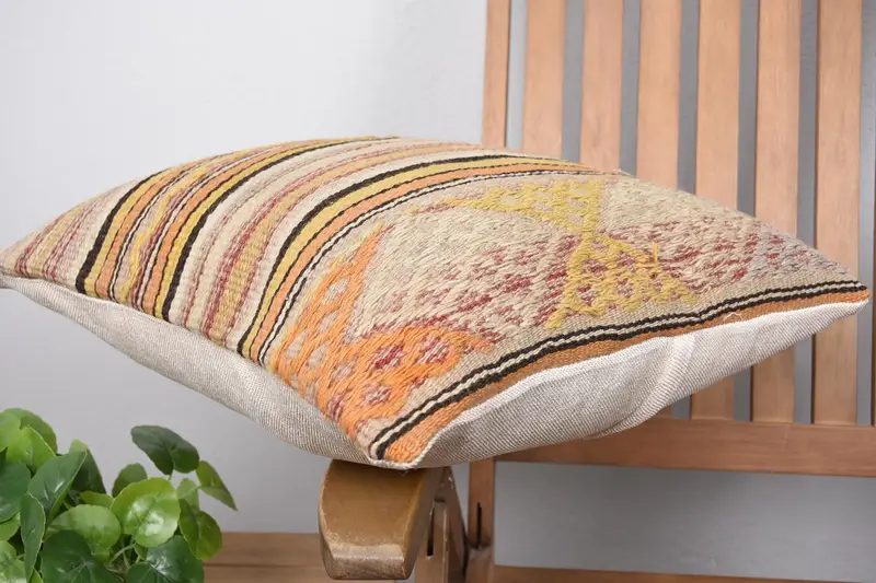 Pillow Cover, Turkish Corner Pillow, Turkish Corner Cushion, 18x18 Yellow Pillow, Kilim Pillow, Ethnical Kilim Rug Pillow, Vintage Pillow - 6