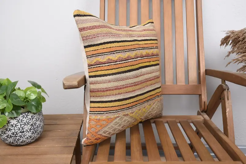 Pillow Cover, Turkish Corner Pillow, Turkish Corner Cushion, 18x18 Yellow Pillow, Kilim Pillow, Ethnical Kilim Rug Pillow, Vintage Pillow - 2