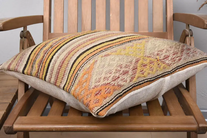 Pillow Cover, Turkish Corner Pillow, Turkish Corner Cushion, 18x18 Yellow Pillow, Kilim Pillow, Ethnical Kilim Rug Pillow, Vintage Pillow - 4