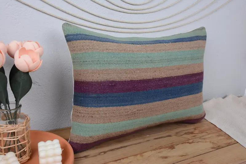 Decorative Bolster Pillow, Home Decor Pillow, Turkish Kilim Pillow, Vintage Kilim Pillow, 16x24 Blue Pillow Cover, Cushion Case - 1