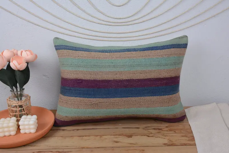 Decorative Bolster Pillow, Home Decor Pillow, Turkish Kilim Pillow, Vintage Kilim Pillow, 16x24 Blue Pillow Cover, Cushion Case - 2