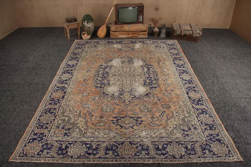 Vintage Türk Halısı, Büyük Boy 8.6x11.8 ft (262x360 cm) Halı, Mavi Çiçekli Yün Halı - 1