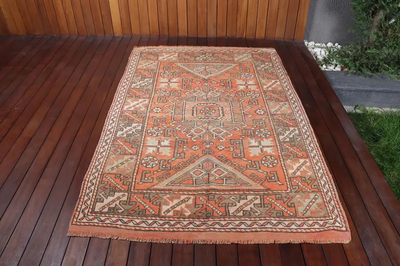 Vintage Rug, Area 4.3x6.6 ft Turkish Rug, Orange Brown Bordered Wool Rug - 1
