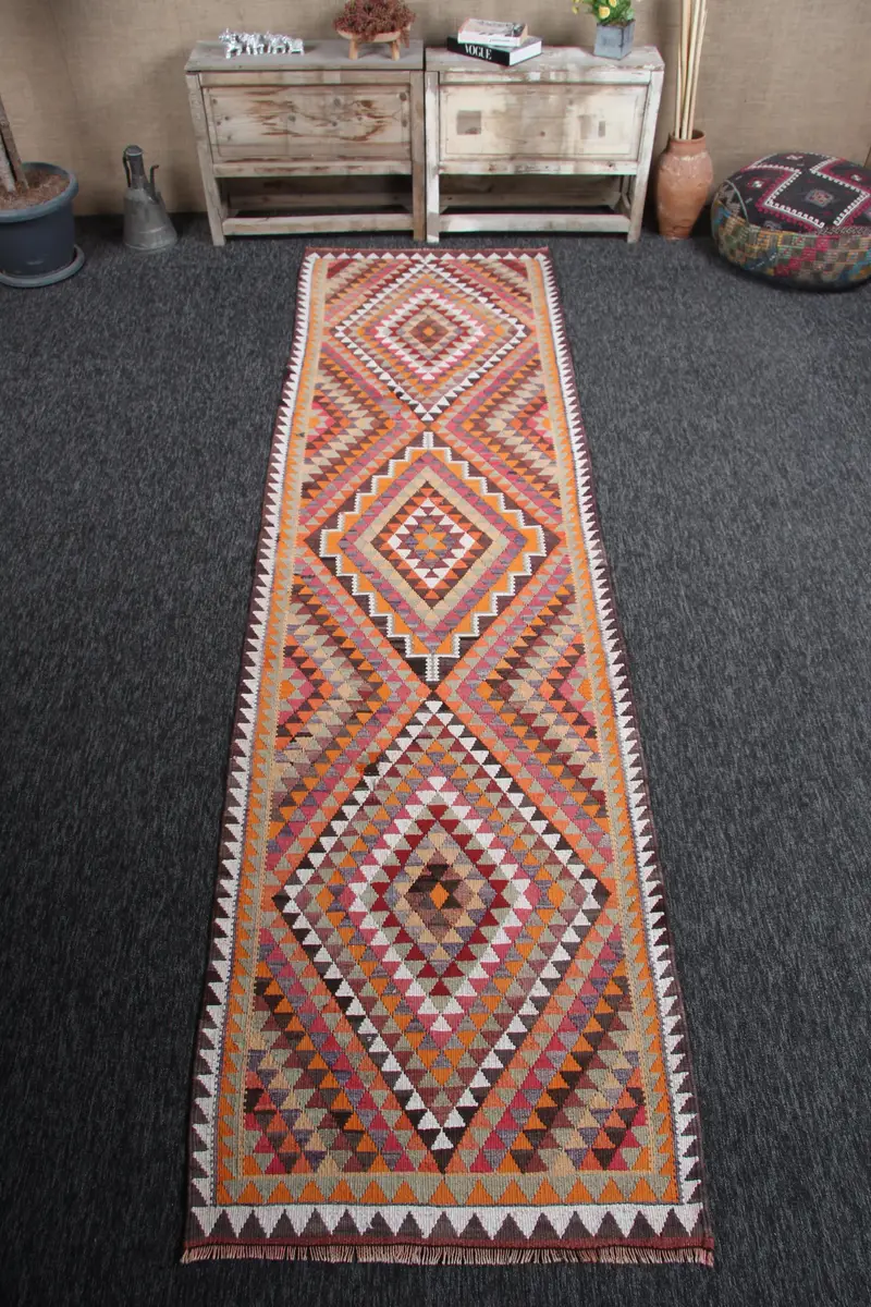 2,9x10,7 ft Teppich, kleiner türkischer Teppich, geometrischer Regenbogen-Herki-Teppich - 1