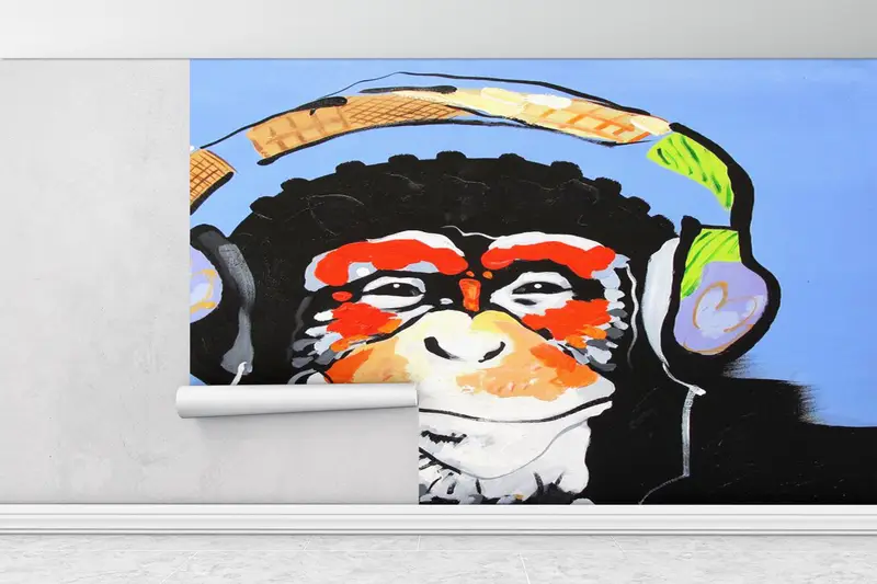 Thinking Monkey Painting, Paper Wall Art, Banksy Monkey Wall Mural, Bright Wall Paper, 3d Wall Paper, Graffiti Monkey Wall Paper, - 1