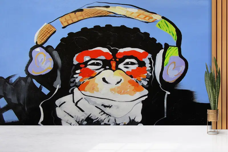 Thinking Monkey Painting, Paper Wall Art, Banksy Monkey Wall Mural, Bright Wall Paper, 3d Wall Paper, Graffiti Monkey Wall Paper, - 3