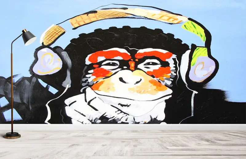 Thinking Monkey Painting, Paper Wall Art, Banksy Monkey Wall Mural, Bright Wall Paper, 3d Wall Paper, Graffiti Monkey Wall Paper, - 4