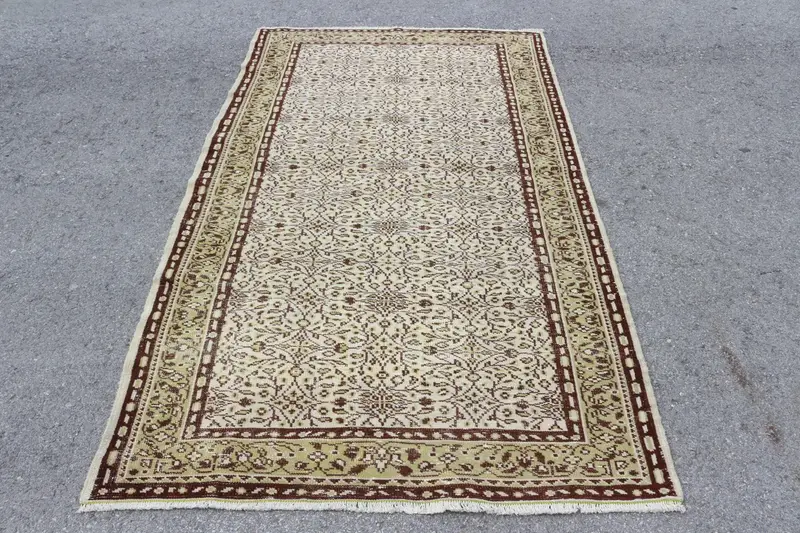 Türk 4.3x7.9 ft Halı, Oushak Vintage Halı, Kahverengi Çizgili Halı Yün - 1