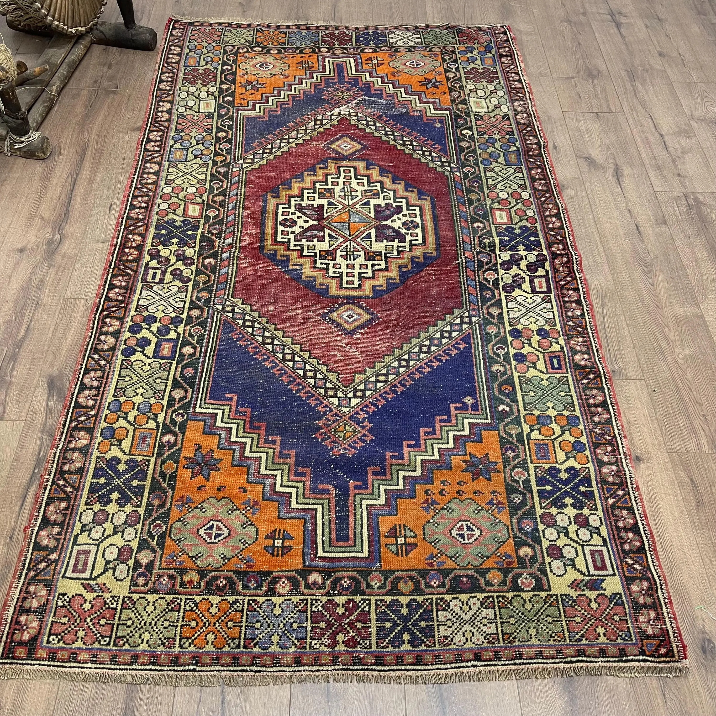 3.9x6.9 ft Rug, Vintage Turkish Rug, Red Blue Plants & trees Wool Rug - 1