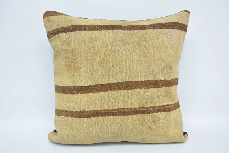 Beige & braun gestreiftes Wurfkissen, Vintage besticktes Kissen