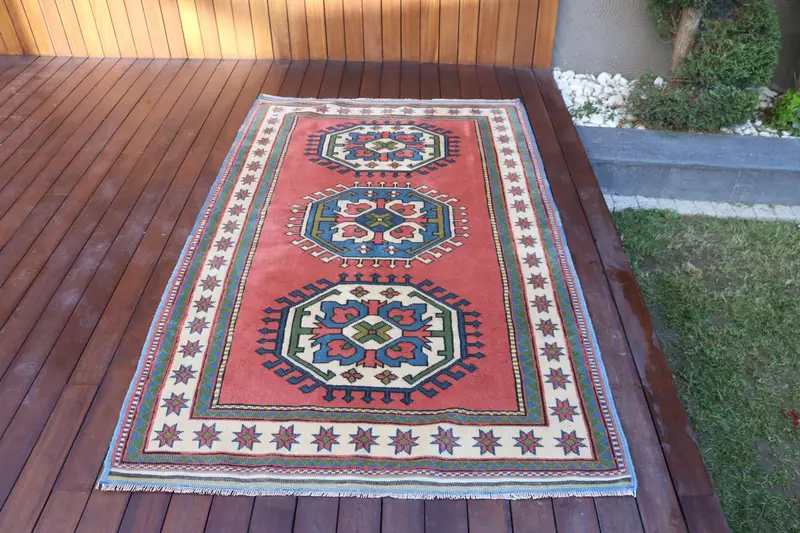 Vintage Oushak Area Rug 4x6.4 ft (122x195 cm), Turkish Red Check Wool Rug - 1