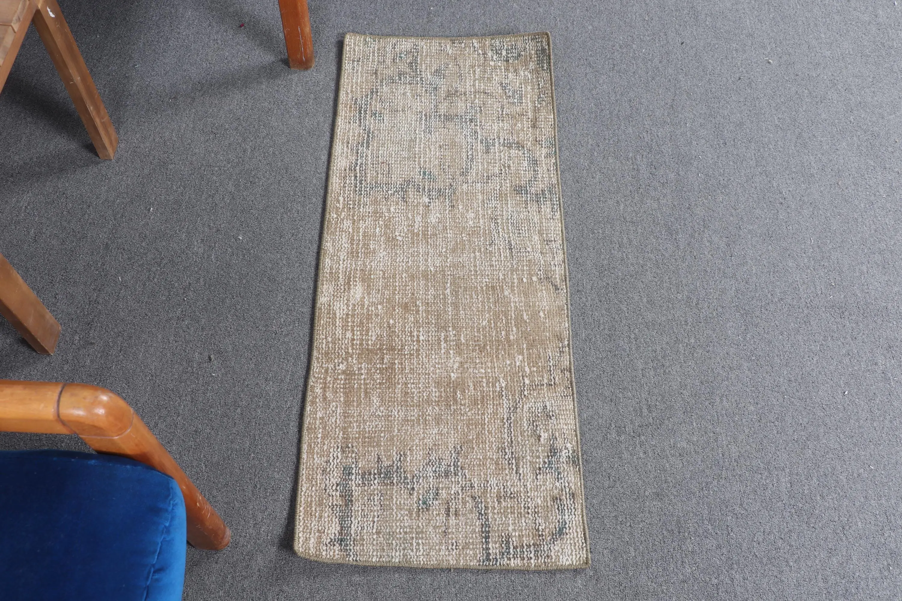 Turkish Vintage Rug 1.3x3.3 ft (40x100 cm), Brown Floral Wool Rug - 1