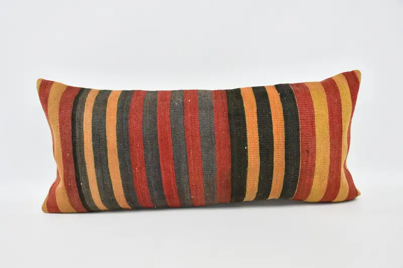 Rot & Orange gestreiftes Wurfkissen, handgemachtes Hanf & Wollkissen