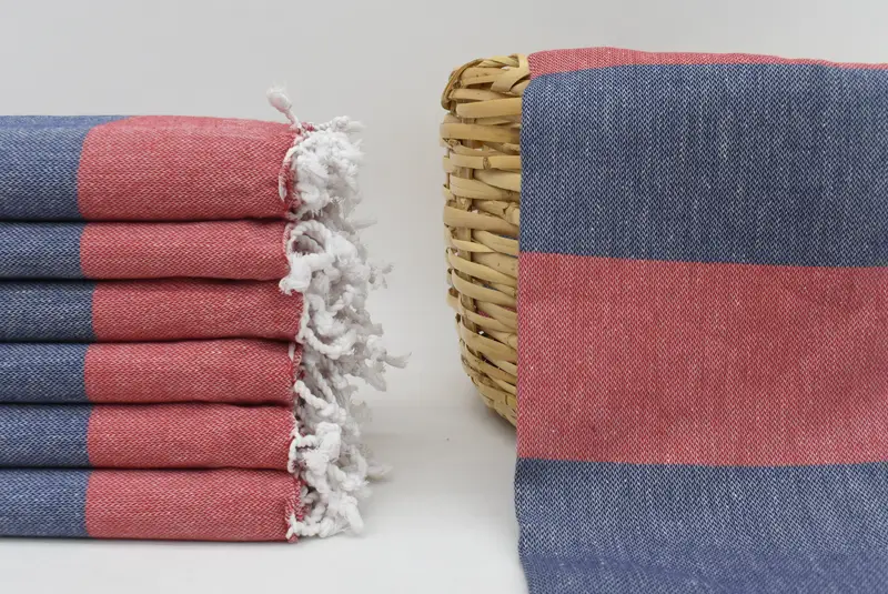 Personalized Red-Navy Blue Striped Organic Cotton Towel, 70x40 Inches