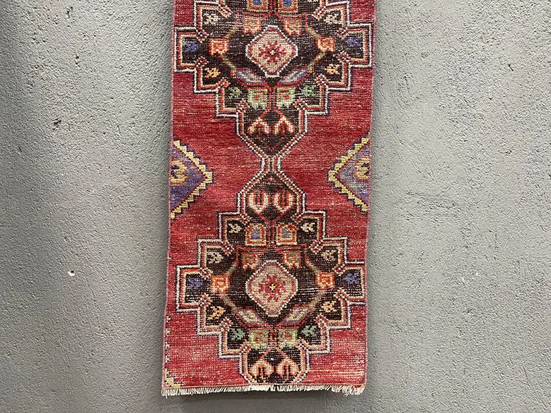 Vintage Turkish Rug 1.5x3.2 ft (45x97 cm), Oushak Red Bordered Rug - 1