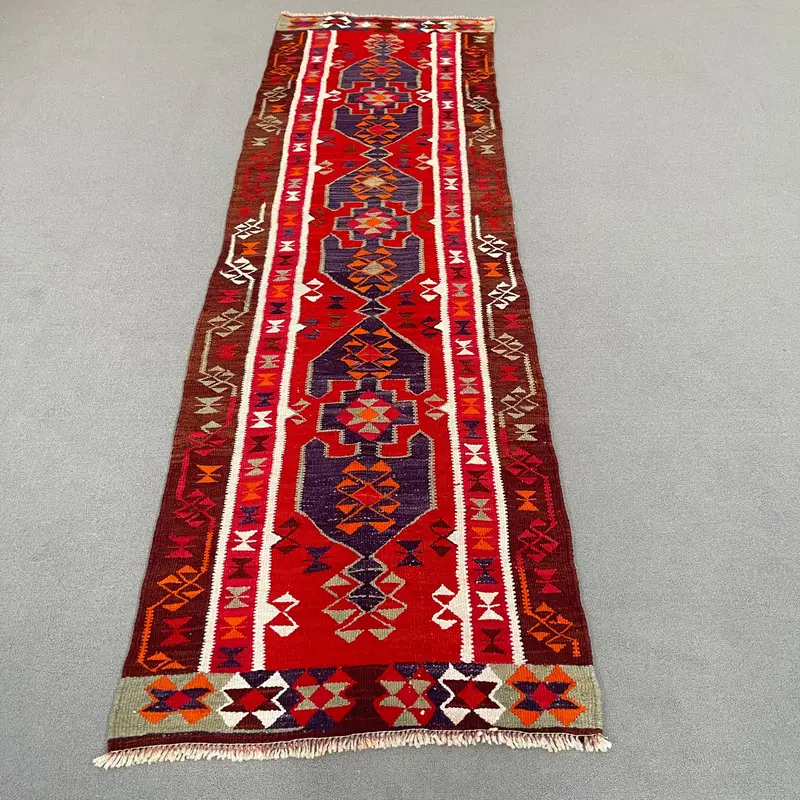 Kırmızı ve Mor Puantiyeli Halı, 2,9x10 ft Şık Dekor