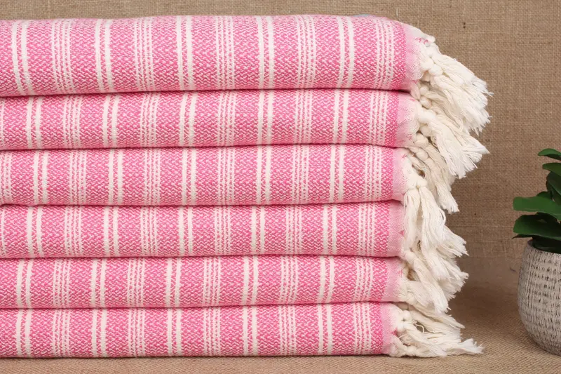 Monogram Hand Towel Organic Cotton Pink Stripes, 18x32 Inches