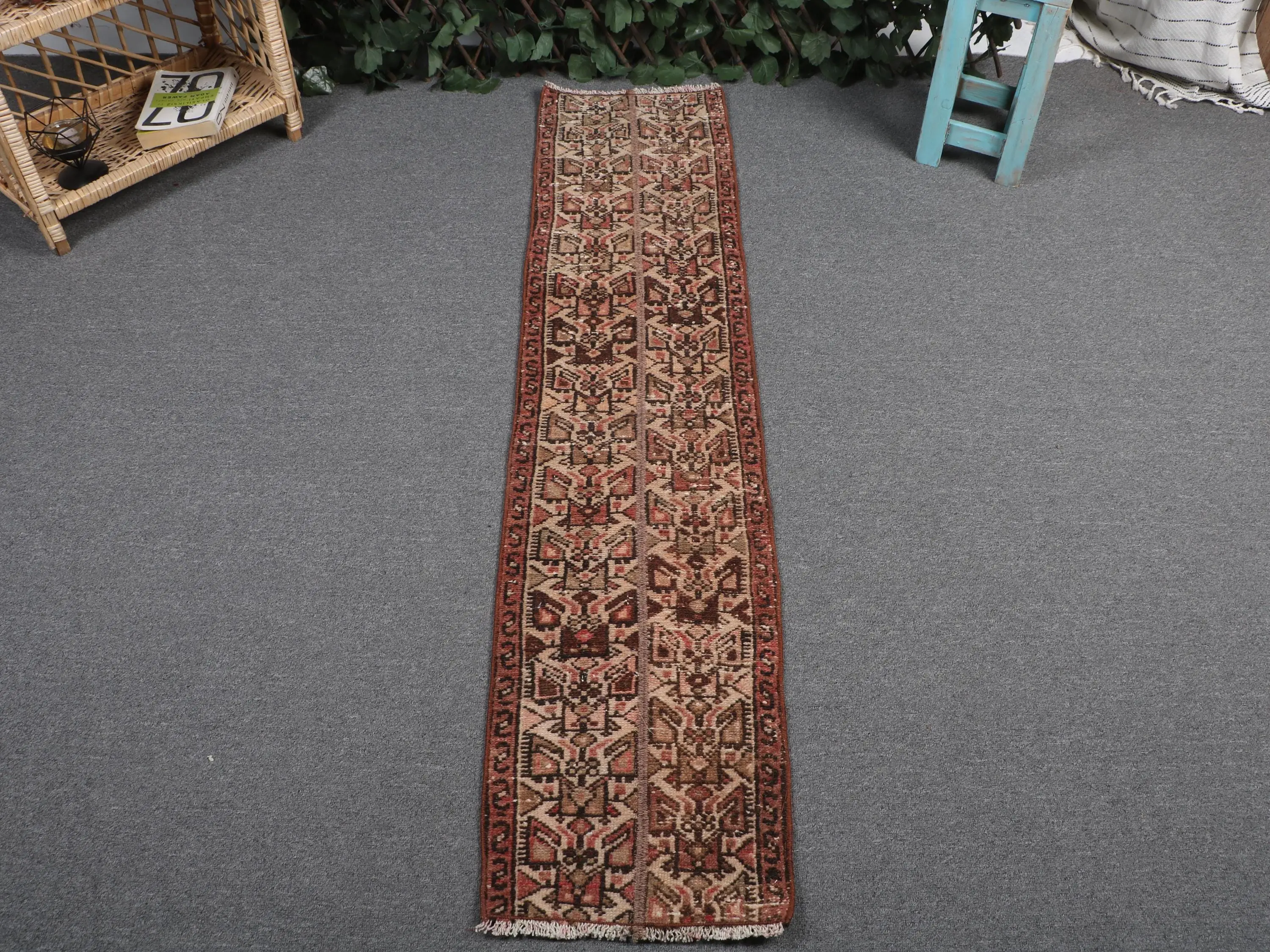 Vintage Turkish Rug, 1.1x5.2 ft Rug, Brown Red Wool Rug - 1