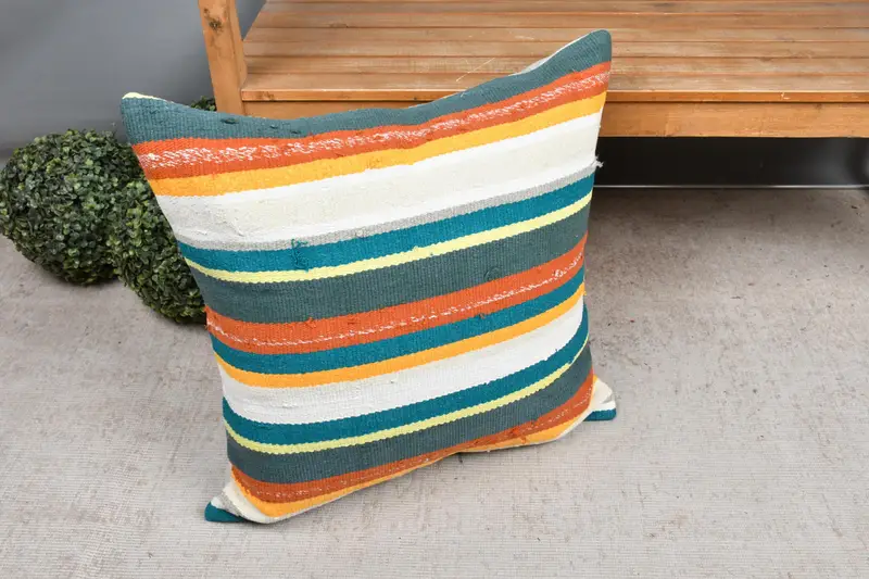 Kilim Pillow Cover, Bohemian Cushion Pillow Case, Garden Cushion Cover, Gift Pillow, Cushion Case, 24x24 White Pillow Sham, Handmade Kilim Cushion - 7