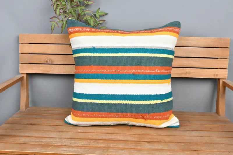 Kilim Pillow Cover, Bohemian Cushion Pillow Case, Garden Cushion Cover, Gift Pillow, Cushion Case, 24x24 White Pillow Sham, Handmade Kilim Cushion - 6