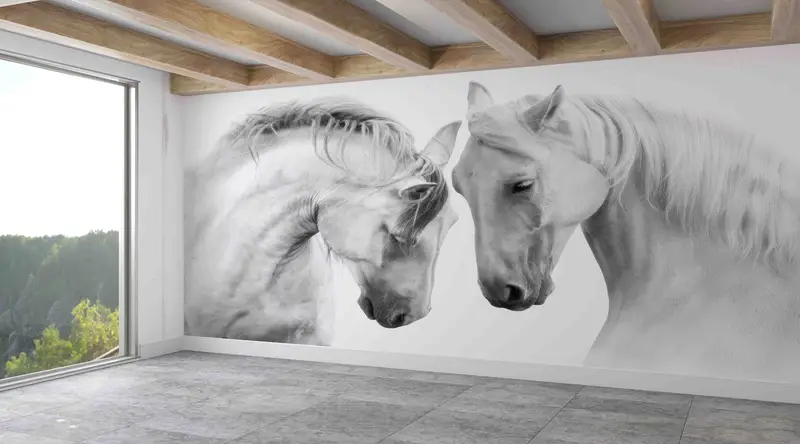 Modern Coastal Farmhouse Printed Wallpaper: Two Horses Elegance