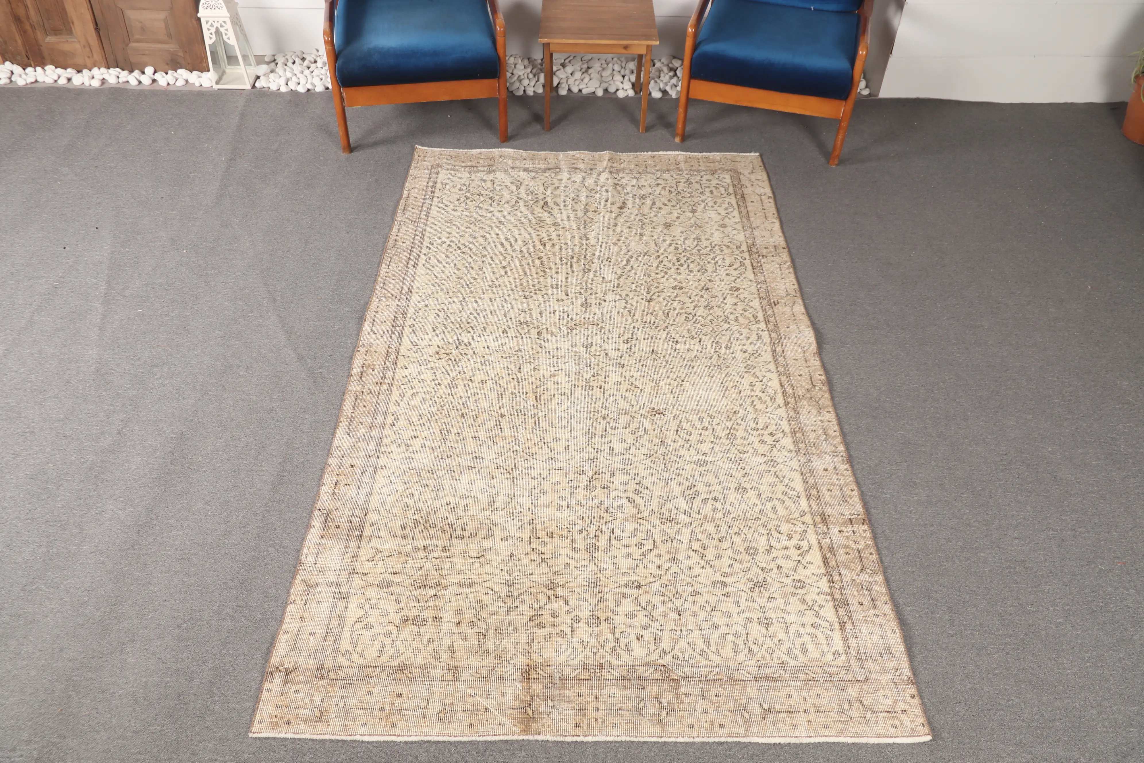 Türk 4.7x7.9 ft Halı, Oushak Vintage Halı, Bej Geometrik Halı - 1