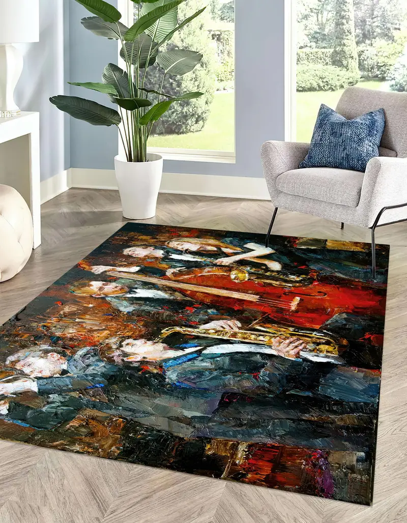Modern Jazz Printed Rug: Abstract Musicians in Vibrant Design