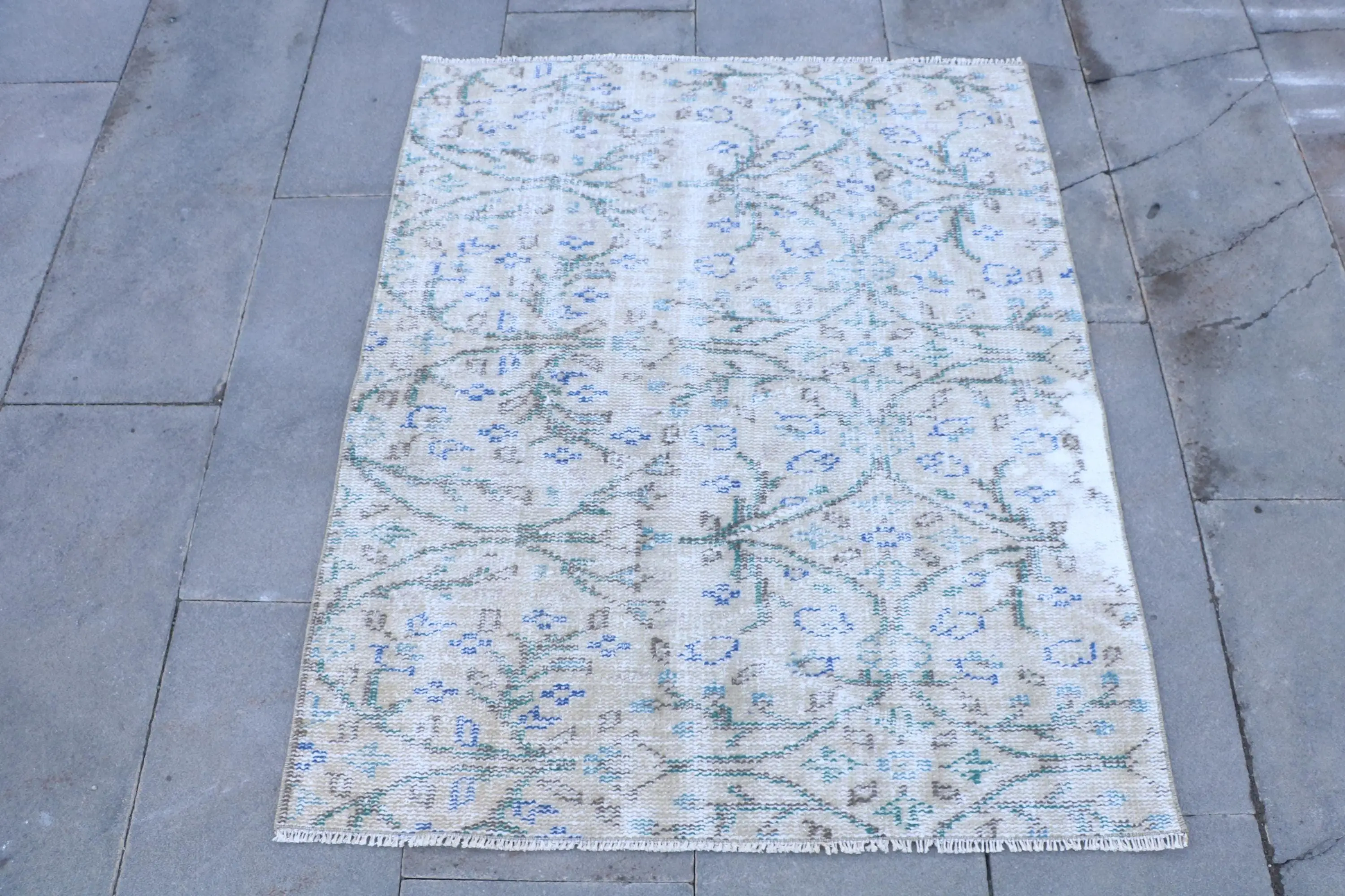 Vintage Rug, 3.1x3.7 ft Turkish Rug, White Blue Wool Rug - 1