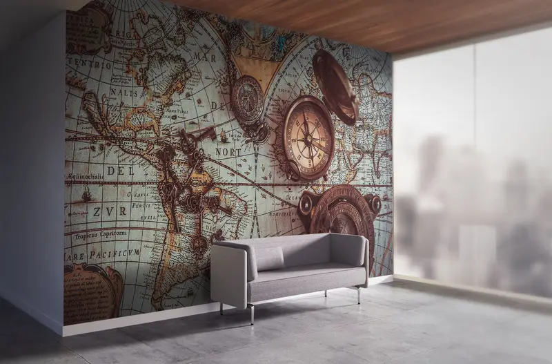 Brass Pocket Compass Wall Art, 3d Wall Paper, , Bright Wall Paper, Modern Wall Paper, Antique World Map Wall Paper, - 2