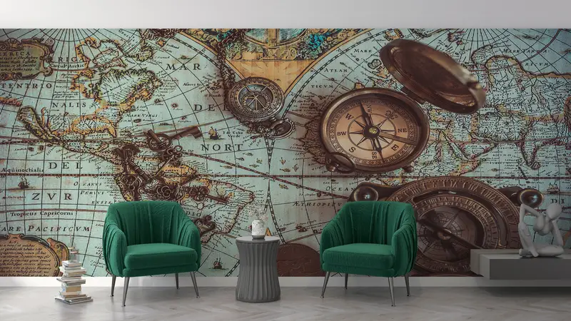 Brass Pocket Compass Wall Art, 3d Wall Paper, , Bright Wall Paper, Modern Wall Paper, Antique World Map Wall Paper, - 3
