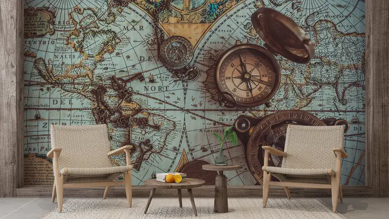 Brass Pocket Compass Wall Art, 3d Wall Paper, , Bright Wall Paper, Modern Wall Paper, Antique World Map Wall Paper, - 5