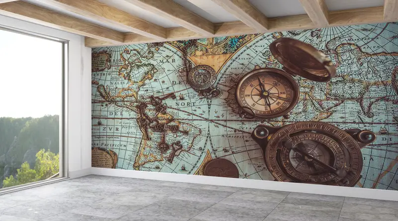 Brass Pocket Compass Wall Art, 3d Wall Paper, , Bright Wall Paper, Modern Wall Paper, Antique World Map Wall Paper, - 10