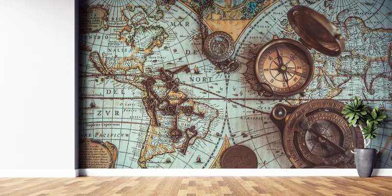 Brass Pocket Compass Wall Art, 3d Wall Paper, , Bright Wall Paper, Modern Wall Paper, Antique World Map Wall Paper, - 4