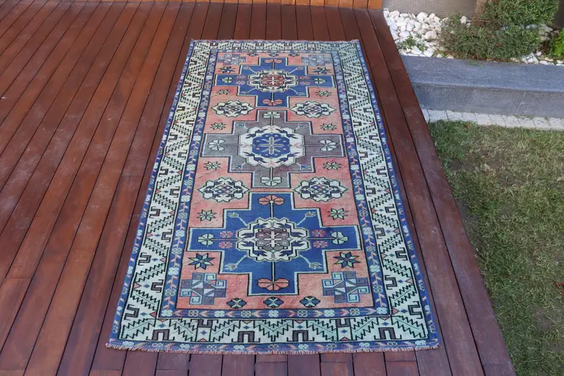 Vintage Accent Rug 3.2x6 ft, Blue Ombré Turkish Wool Rug - 1