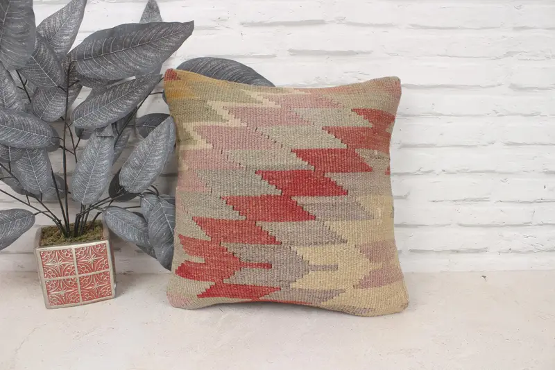 Kilim Pillow Cover, Southwestern Pillow, Antique Pillows, Handmade Kilim Cushion, Pillow, Nautical Throw Pillow Sham, 16x16 Red Cushion - 1
