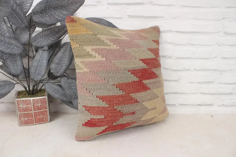 Kilim Pillow Cover, Southwestern Pillow, Antique Pillows, Handmade Kilim Cushion, Pillow, Nautical Throw Pillow Sham, 16x16 Red Cushion - 3