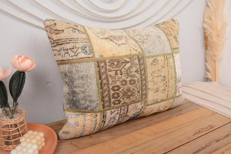 Beige & Orange Patchwork Kissen, handgemachtes besticktes Kissen